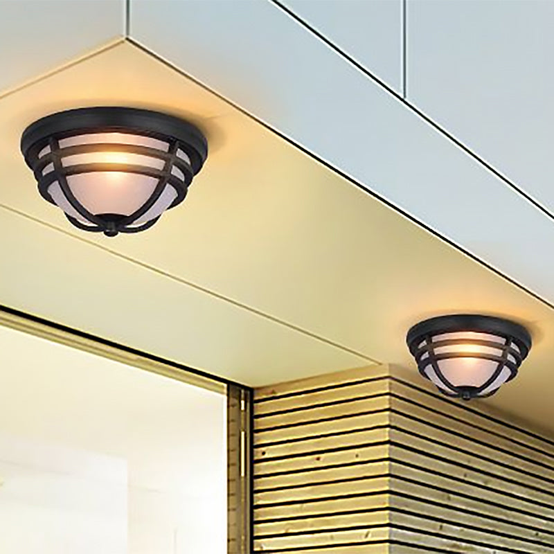Industrial Bowl Flush Mount Light with Frosted Glass Shade Metallic Flush Lighting in Black for Balcony Clearhalo 'Ceiling Lights' 'Close To Ceiling Lights' 'Close to ceiling' 'Flush mount' Lighting' 679505