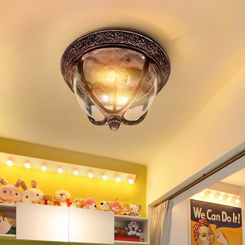 Copper Bowl Flush Lighting Vintage Seeded Glass 2 Bulbs Outdoor Flush Lighting for Balcony Clearhalo 'Ceiling Lights' 'Close To Ceiling Lights' 'Close to ceiling' 'Flush mount' Lighting' 679506