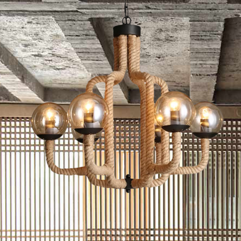 Brown Roped Caged Ceiling Pendant Light Vintage 6 Lights Restaurant Chandelier Lamp with Glass Ball Shade Clearhalo 'Ceiling Lights' 'Chandeliers' 'Industrial Chandeliers' 'Industrial' 'Middle Century Chandeliers' 'Tiffany' Lighting' 679509