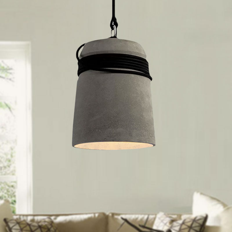Black/Gray/Beige Finish Bucket Suspension Light Industrial Style Cement 1 Light Dining Table Pendant Light with Rope Clearhalo 'Ceiling Lights' 'Modern Pendants' 'Modern' 'Pendant Lights' 'Pendants' Lighting' 679523