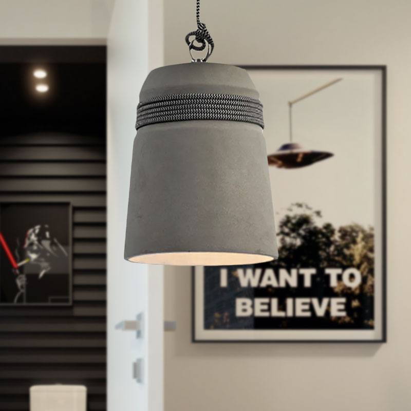 Black/Gray/Beige Finish Bucket Suspension Light Industrial Style Cement 1 Light Dining Table Pendant Light with Rope Clearhalo 'Ceiling Lights' 'Modern Pendants' 'Modern' 'Pendant Lights' 'Pendants' Lighting' 679524