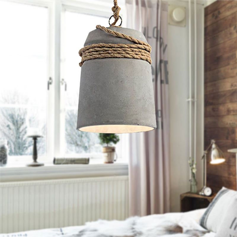 Black/Gray/Beige Finish Bucket Suspension Light Industrial Style Cement 1 Light Dining Table Pendant Light with Rope Clearhalo 'Ceiling Lights' 'Modern Pendants' 'Modern' 'Pendant Lights' 'Pendants' Lighting' 679525