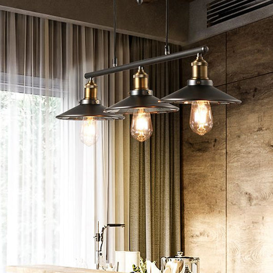 Saucer Foyer Island Lighting Industrial Style Metal 3 Lights Black Hanging Ceiling Light with Pulley Clearhalo 'Ceiling Lights' 'Island Lights' Lighting' 679530