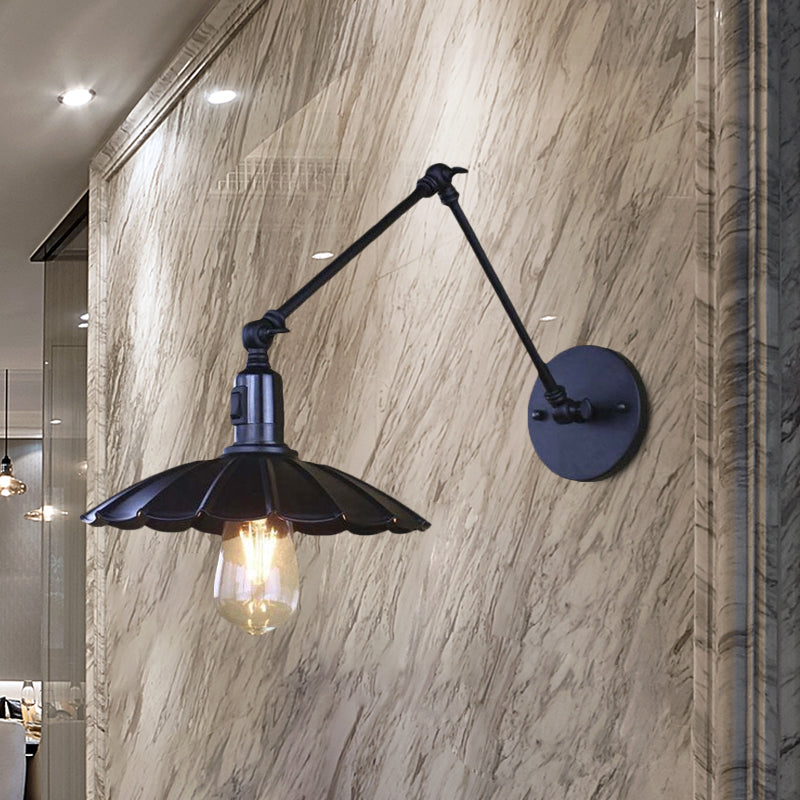 Black/White Scalloped Wall Light with Swing Arm Vintage Stylish Metal 1 Bulb Living Room Wall Sconce Lighting Clearhalo 'Art deco wall lights' 'Cast Iron' 'Glass' 'Industrial wall lights' 'Industrial' 'Middle century wall lights' 'Modern' 'Rustic wall lights' 'Tiffany' 'Traditional wall lights' 'Wall Lamps & Sconces' 'Wall Lights' Lighting' 679536