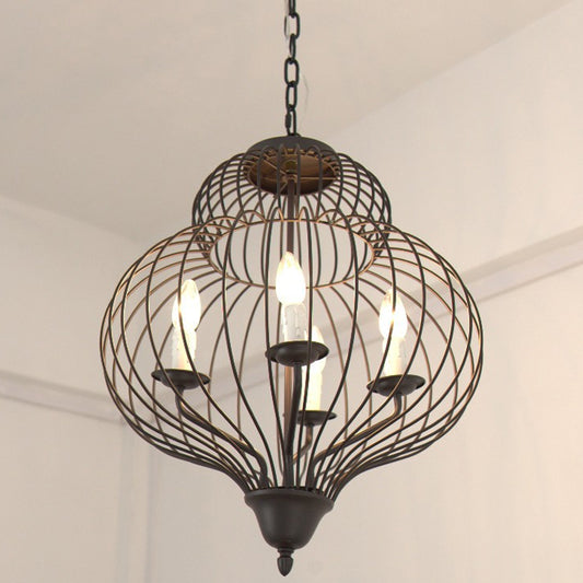 Metal Black Ceiling Light Fixture Gourd Cage Shade 4 Lights Vintage Style Large Pendant Lighting with Candle Clearhalo 'Cast Iron' 'Ceiling Lights' 'Chandeliers' 'Industrial Chandeliers' 'Industrial' 'Metal' 'Middle Century Chandeliers' 'Rustic Chandeliers' 'Tiffany' Lighting' 679544
