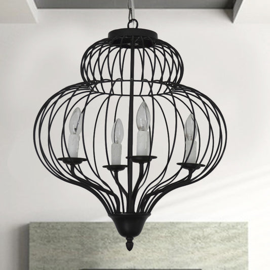 Metal Black Ceiling Light Fixture Gourd Cage Shade 4 Lights Vintage Style Large Pendant Lighting with Candle Clearhalo 'Cast Iron' 'Ceiling Lights' 'Chandeliers' 'Industrial Chandeliers' 'Industrial' 'Metal' 'Middle Century Chandeliers' 'Rustic Chandeliers' 'Tiffany' Lighting' 679547