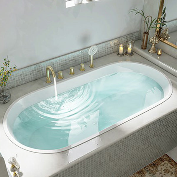 Contemporary Oval Acrylic Bathtub Soaking Drop-in Bathtub with Faucet White Tub with Gold 5-Piece Set Clearhalo 'Bathroom Remodel & Bathroom Fixtures' 'Bathtubs' 'Home Improvement' 'home_improvement' 'home_improvement_bathtubs' 'Showers & Bathtubs' 6795859