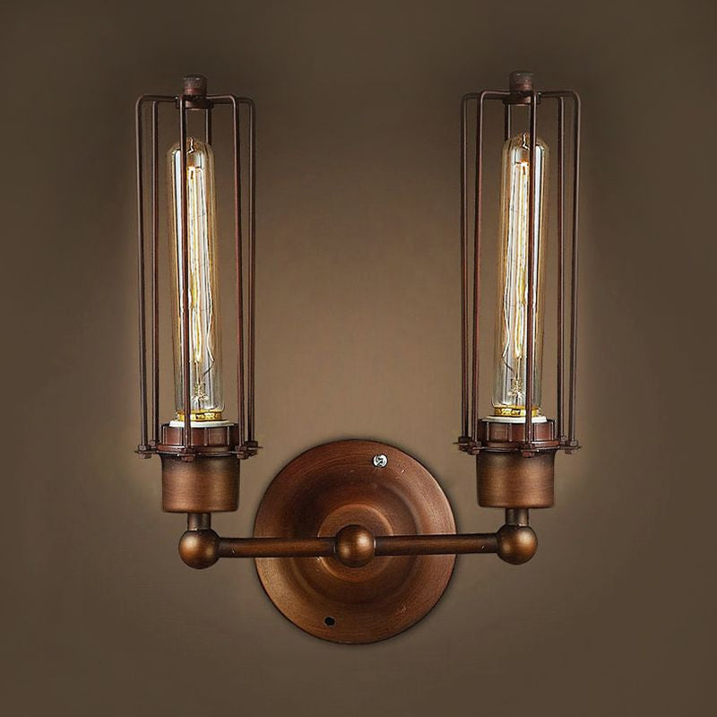 1/2/4-Light Cage Wall Sconce Lighting with Tube Shape Industrial Bronze Wrought Iron Wall Lamp for Dining Table Clearhalo 'Art deco wall lights' 'Cast Iron' 'Glass' 'Industrial wall lights' 'Industrial' 'Middle century wall lights' 'Modern' 'Rustic wall lights' 'Tiffany' 'Traditional wall lights' 'Wall Lamps & Sconces' 'Wall Lights' Lighting' 679586