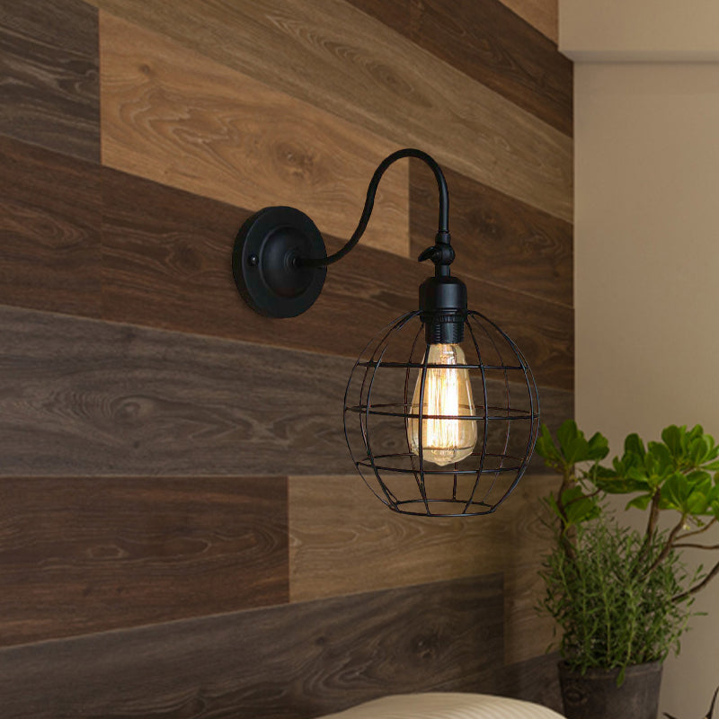 Black Globe/Oval Cage Wall Mount Light with Gooseneck Arm Retro Style Metallic 1 Head Bedroom Mini Wall Lamp Clearhalo 'Art deco wall lights' 'Cast Iron' 'Glass' 'Industrial wall lights' 'Industrial' 'Middle century wall lights' 'Modern' 'Rustic wall lights' 'Tiffany' 'Traditional wall lights' 'Wall Lamps & Sconces' 'Wall Lights' Lighting' 679588