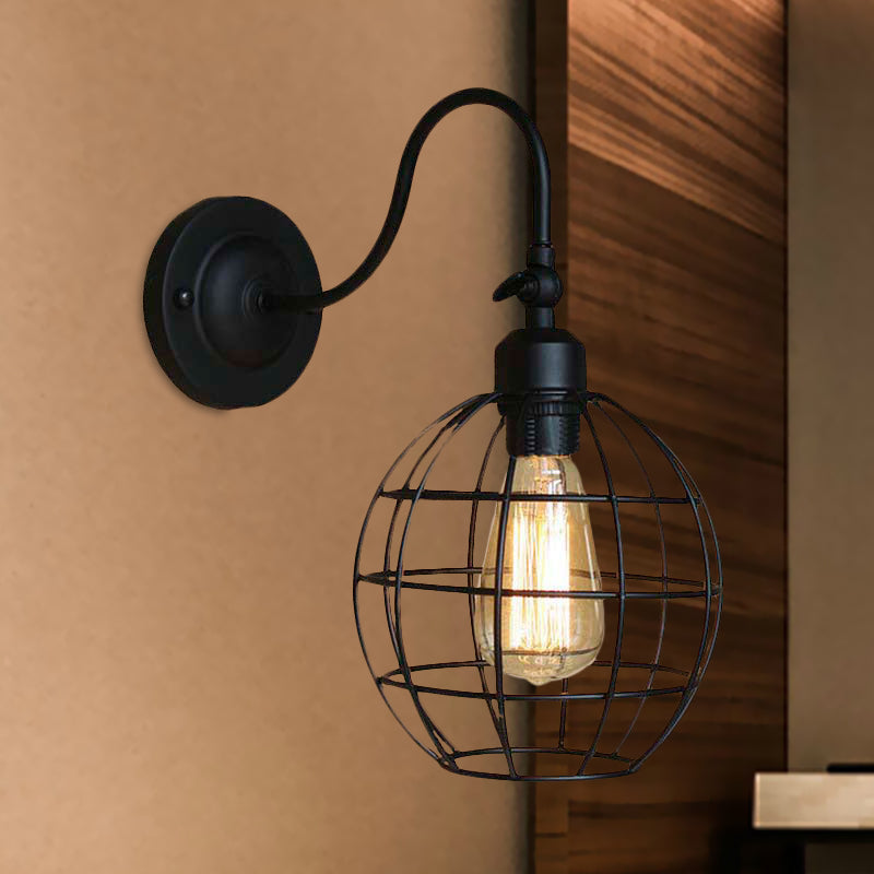 Black Globe/Oval Cage Wall Mount Light with Gooseneck Arm Retro Style Metallic 1 Head Bedroom Mini Wall Lamp Clearhalo 'Art deco wall lights' 'Cast Iron' 'Glass' 'Industrial wall lights' 'Industrial' 'Middle century wall lights' 'Modern' 'Rustic wall lights' 'Tiffany' 'Traditional wall lights' 'Wall Lamps & Sconces' 'Wall Lights' Lighting' 679589