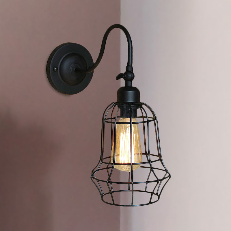 Black Globe/Oval Cage Wall Mount Light with Gooseneck Arm Retro Style Metallic 1 Head Bedroom Mini Wall Lamp Clearhalo 'Art deco wall lights' 'Cast Iron' 'Glass' 'Industrial wall lights' 'Industrial' 'Middle century wall lights' 'Modern' 'Rustic wall lights' 'Tiffany' 'Traditional wall lights' 'Wall Lamps & Sconces' 'Wall Lights' Lighting' 679590