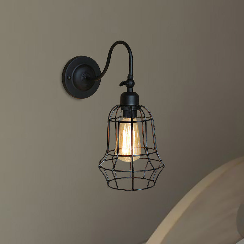 Black Globe/Oval Cage Wall Mount Light with Gooseneck Arm Retro Style Metallic 1 Head Bedroom Mini Wall Lamp Clearhalo 'Art deco wall lights' 'Cast Iron' 'Glass' 'Industrial wall lights' 'Industrial' 'Middle century wall lights' 'Modern' 'Rustic wall lights' 'Tiffany' 'Traditional wall lights' 'Wall Lamps & Sconces' 'Wall Lights' Lighting' 679591