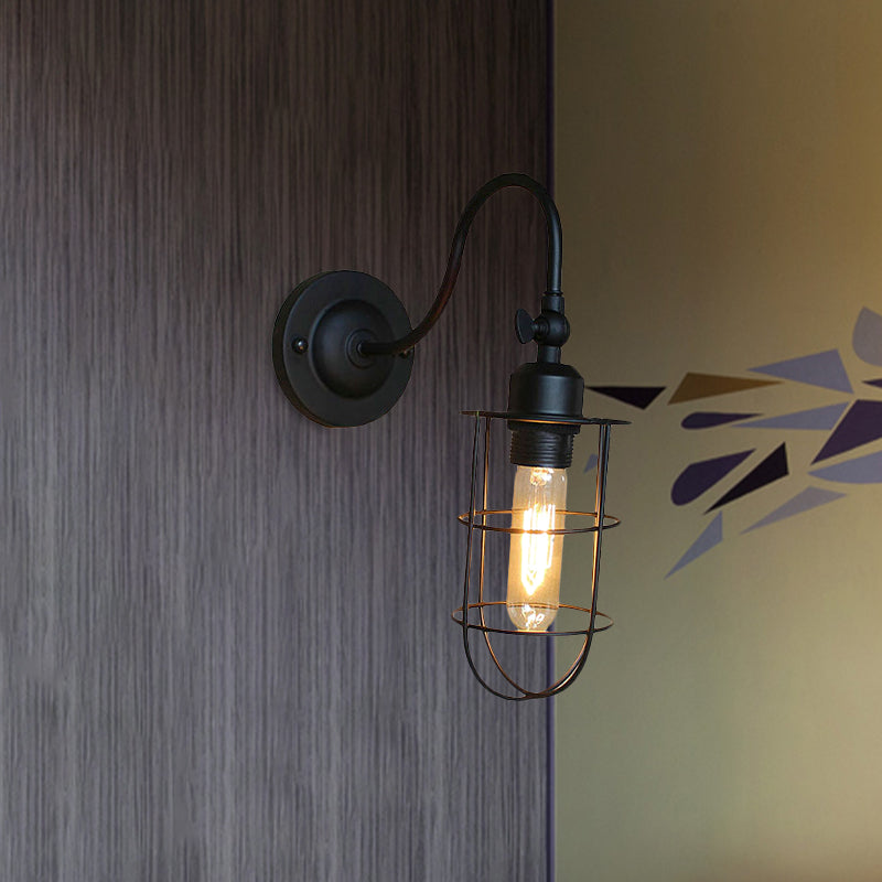 Black Globe/Oval Cage Wall Mount Light with Gooseneck Arm Retro Style Metallic 1 Head Bedroom Mini Wall Lamp Clearhalo 'Art deco wall lights' 'Cast Iron' 'Glass' 'Industrial wall lights' 'Industrial' 'Middle century wall lights' 'Modern' 'Rustic wall lights' 'Tiffany' 'Traditional wall lights' 'Wall Lamps & Sconces' 'Wall Lights' Lighting' 679593
