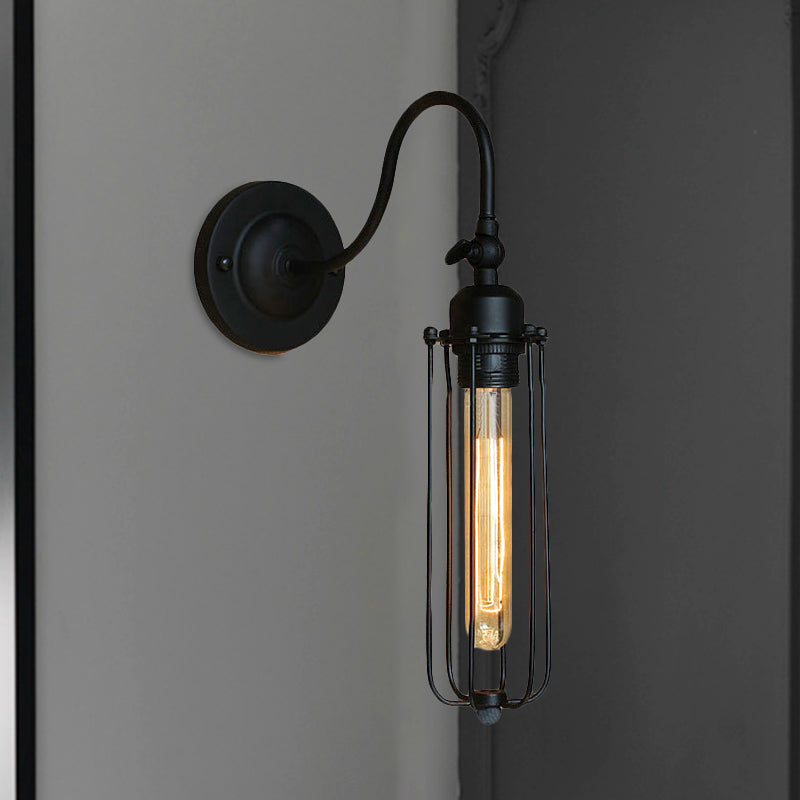 Black Globe/Oval Cage Wall Mount Light with Gooseneck Arm Retro Style Metallic 1 Head Bedroom Mini Wall Lamp Clearhalo 'Art deco wall lights' 'Cast Iron' 'Glass' 'Industrial wall lights' 'Industrial' 'Middle century wall lights' 'Modern' 'Rustic wall lights' 'Tiffany' 'Traditional wall lights' 'Wall Lamps & Sconces' 'Wall Lights' Lighting' 679595