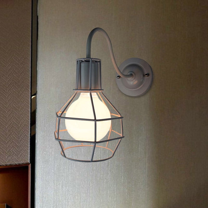 Metallic Black/Bronze Wall Lighting Global Cage 1 Head Vintage Industrial Wall Lamp with Gooseneck Arm Clearhalo 'Art deco wall lights' 'Cast Iron' 'Glass' 'Industrial wall lights' 'Industrial' 'Middle century wall lights' 'Modern' 'Rustic wall lights' 'Tiffany' 'Traditional wall lights' 'Wall Lamps & Sconces' 'Wall Lights' Lighting' 679597