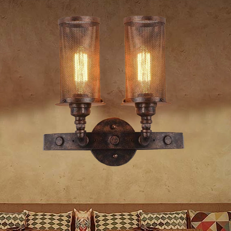 Antique Style Double Cylinder Wall Light with Mesh Shade 2 Lights Wrought Iron Wall Mount Lamp in Weathered Copper Clearhalo 'Art deco wall lights' 'Cast Iron' 'Glass' 'Industrial wall lights' 'Industrial' 'Middle century wall lights' 'Modern' 'Rustic wall lights' 'Tiffany' 'Traditional wall lights' 'Wall Lamps & Sconces' 'Wall Lights' Lighting' 679606