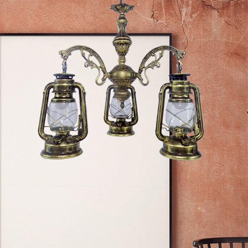 Clear Glass Black/Silver/Red Chandelier Light Lantern 3-Light Industrial Pendant Lamp for Kitchen Clearhalo 'Cast Iron' 'Ceiling Lights' 'Chandeliers' 'Industrial Chandeliers' 'Industrial' 'Metal' 'Middle Century Chandeliers' 'Rustic Chandeliers' 'Tiffany' Lighting' 679615
