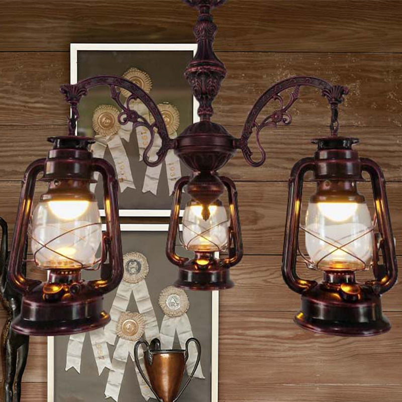 Clear Glass Black/Silver/Red Chandelier Light Lantern 3-Light Industrial Pendant Lamp for Kitchen Clearhalo 'Cast Iron' 'Ceiling Lights' 'Chandeliers' 'Industrial Chandeliers' 'Industrial' 'Metal' 'Middle Century Chandeliers' 'Rustic Chandeliers' 'Tiffany' Lighting' 679616
