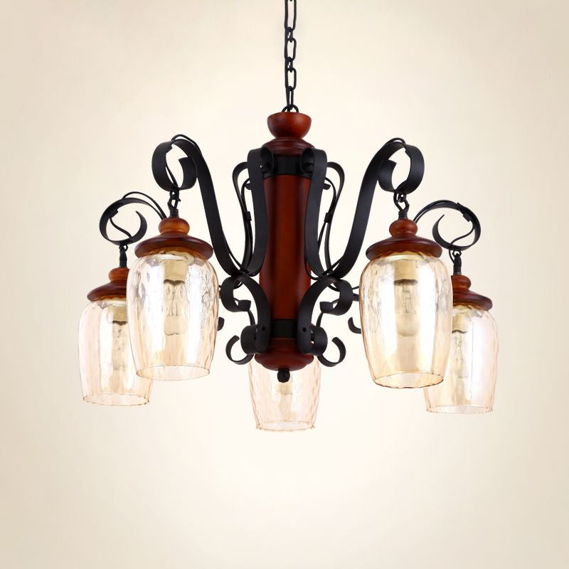 5 Lights Cylinder Ceiling Pendant Light with 27.5" Metal Chain Country Suspension Light in Black Clearhalo 'Ceiling Lights' 'Chandeliers' 'Glass shade' 'Glass' 'Industrial Chandeliers' 'Industrial' 'Middle Century Chandeliers' 'Tiffany' Lighting' 679622