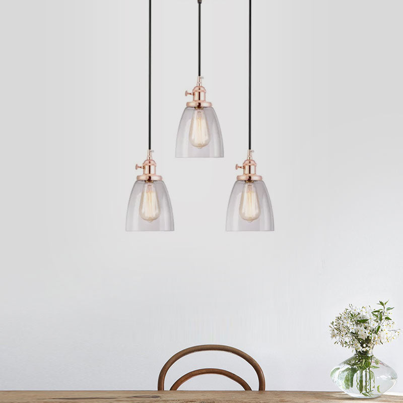 Rose Gold Cone Multi Pendant Light Fixture Modern Clear Glass 3-Light Dining Room Hanging Lamp Clearhalo 'Ceiling Lights' 'Chandeliers' 'Glass shade' 'Glass' 'Industrial Pendants' 'Industrial' 'Middle Century Pendants' 'Pendant Lights' 'Pendants' 'Tiffany' Lighting' 679623