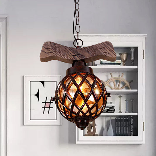 Amber Glass Ball Pendant Lamp with Wooden Base 1 Light Country Ceiling Hanging Light in Copper Clearhalo 'Ceiling Lights' 'Industrial Pendants' 'Industrial' 'Middle Century Pendants' 'Pendant Lights' 'Pendants' 'Tiffany' Lighting' 679627