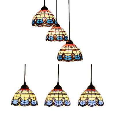 Victorian Tiffany Pendant Light Stained Glass 3-Bulb Suspension Light for Living Room in Blue Clearhalo 'Ceiling Lights' 'Industrial' 'Middle Century Pendants' 'Pendant Lights' 'Pendants' 'Tiffany close to ceiling' 'Tiffany Pendants' 'Tiffany' Lighting' 67966