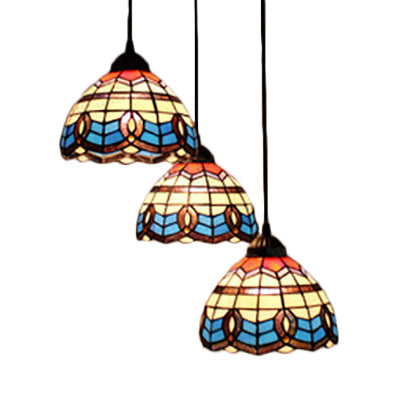 Victorian Tiffany Pendant Light Stained Glass 3-Bulb Suspension Light for Living Room in Blue Clearhalo 'Ceiling Lights' 'Industrial' 'Middle Century Pendants' 'Pendant Lights' 'Pendants' 'Tiffany close to ceiling' 'Tiffany Pendants' 'Tiffany' Lighting' 67967