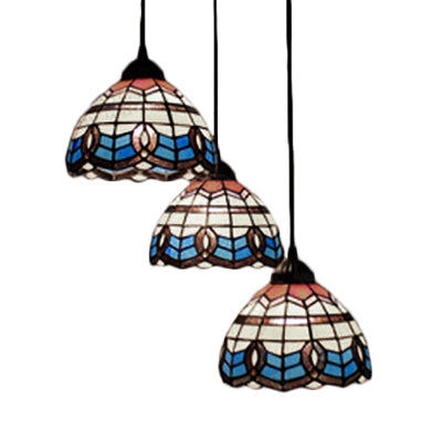 Victorian Tiffany Pendant Light Stained Glass 3-Bulb Suspension Light for Living Room in Blue Clearhalo 'Ceiling Lights' 'Industrial' 'Middle Century Pendants' 'Pendant Lights' 'Pendants' 'Tiffany close to ceiling' 'Tiffany Pendants' 'Tiffany' Lighting' 67968