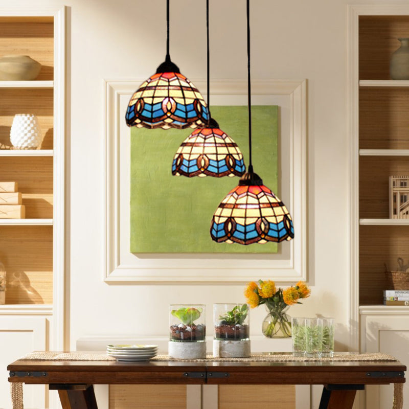 Victorian Tiffany Pendant Light Stained Glass 3-Bulb Suspension Light for Living Room in Blue Black Round Clearhalo 'Ceiling Lights' 'Industrial' 'Middle Century Pendants' 'Pendant Lights' 'Pendants' 'Tiffany close to ceiling' 'Tiffany Pendants' 'Tiffany' Lighting' 67969