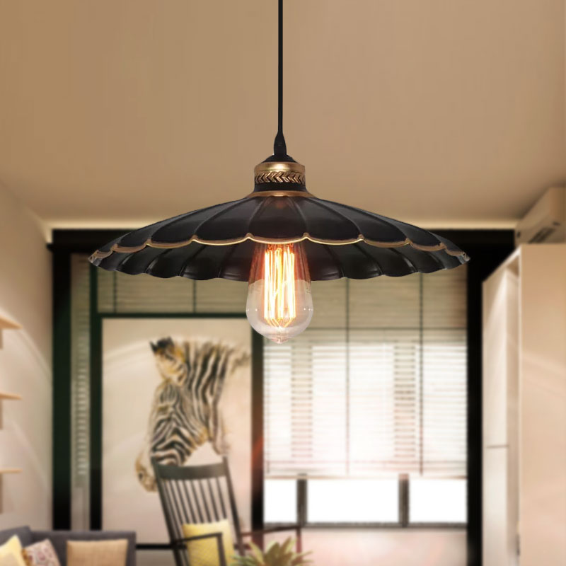 1 Light Scalloped Hanging Light Vintage Industrial Black Metal Pendant Ceiling Light for Restaurant, 10"/14" W Clearhalo 'Art Deco Pendants' 'Black' 'Cast Iron' 'Ceiling Lights' 'Ceramic' 'Crystal' 'Industrial Pendants' 'Industrial' 'Metal' 'Middle Century Pendants' 'Pendant Lights' 'Pendants' 'Rustic Pendants' 'Tiffany' Lighting' 679694