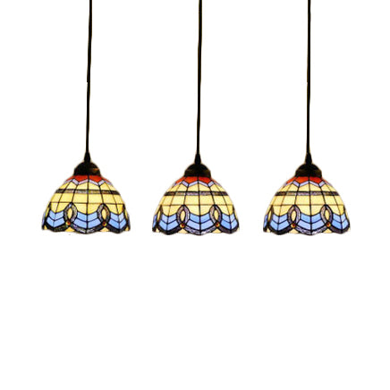 Victorian Tiffany Pendant Light Stained Glass 3-Bulb Suspension Light for Living Room in Blue Clearhalo 'Ceiling Lights' 'Industrial' 'Middle Century Pendants' 'Pendant Lights' 'Pendants' 'Tiffany close to ceiling' 'Tiffany Pendants' 'Tiffany' Lighting' 67970