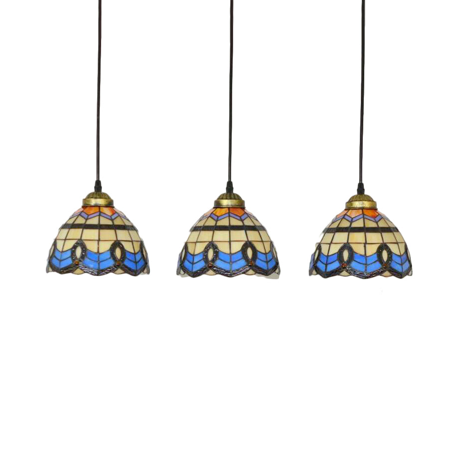 Victorian Tiffany Pendant Light Stained Glass 3-Bulb Suspension Light for Living Room in Blue Clearhalo 'Ceiling Lights' 'Industrial' 'Middle Century Pendants' 'Pendant Lights' 'Pendants' 'Tiffany close to ceiling' 'Tiffany Pendants' 'Tiffany' Lighting' 67971