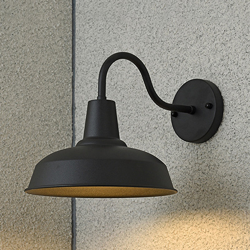 Farmhouse Barn Wall Sconce Lighting 1 Bulb Metallic Wall Lamp with Gooseneck Arm in Black for Porch Clearhalo 'Art deco wall lights' 'Cast Iron' 'Glass' 'Industrial wall lights' 'Industrial' 'Middle century wall lights' 'Modern' 'Rustic wall lights' 'Tiffany' 'Traditional wall lights' 'Wall Lamps & Sconces' 'Wall Lights' Lighting' 679721