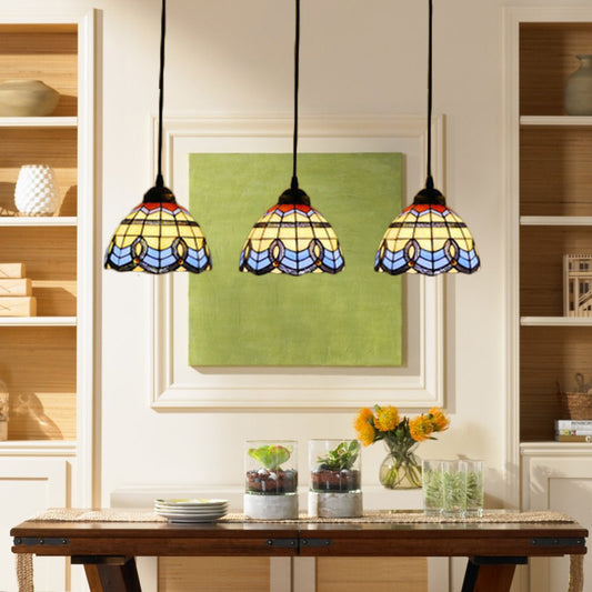Victorian Tiffany Pendant Light Stained Glass 3-Bulb Suspension Light for Living Room in Blue Black Linear Clearhalo 'Ceiling Lights' 'Industrial' 'Middle Century Pendants' 'Pendant Lights' 'Pendants' 'Tiffany close to ceiling' 'Tiffany Pendants' 'Tiffany' Lighting' 67972