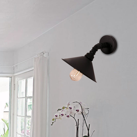 One Bulb Wall Light with Cone Shade Metal Industrial Bedroom Sconce Lighting Fixture in Black/Rust Black Clearhalo 'Art deco wall lights' 'Cast Iron' 'Glass' 'Industrial wall lights' 'Industrial' 'Middle century wall lights' 'Modern' 'Rustic wall lights' 'Tiffany' 'Traditional wall lights' 'Wall Lamps & Sconces' 'Wall Lights' Lighting' 679730
