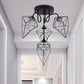 Cage Diamond Bedroom Ceiling Mount Chandelier Retro Metal 4/6 Lights Black Pendant Light with Inner Clear Glass Shade Clearhalo 'Ceiling Lights' 'Close To Ceiling Lights' 'Close to ceiling' 'Glass shade' 'Glass' 'Semi-flushmount' Lighting' 679742