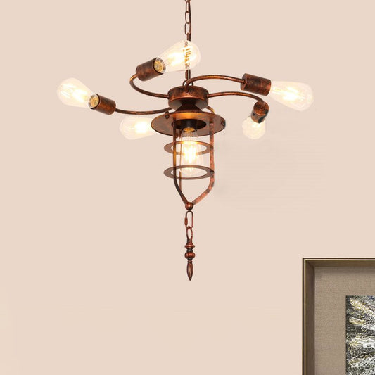 Antique Stylish Exposed Bulb Chandelier Light 5 Lights Wrought Iron Hanging Lamp with Wire Frame in Rust for Bar Clearhalo 'Cast Iron' 'Ceiling Lights' 'Chandeliers' 'Industrial Chandeliers' 'Industrial' 'Metal' 'Middle Century Chandeliers' 'Rustic Chandeliers' 'Tiffany' Lighting' 679745