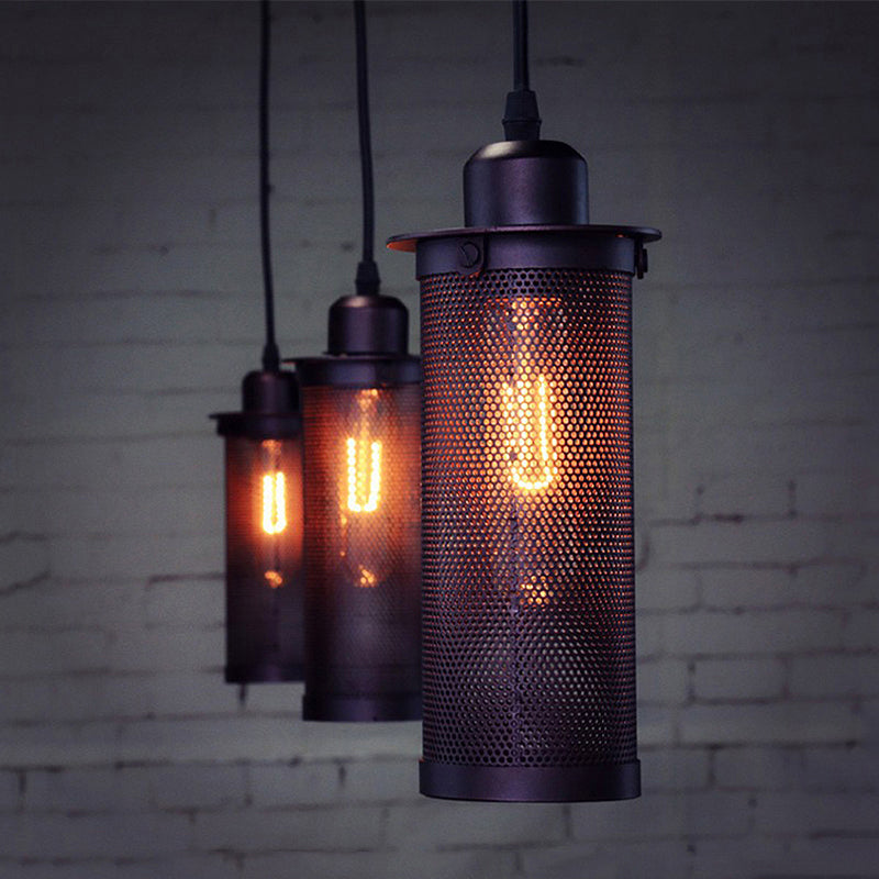 3/8 Bulbs Pendant Light with Cylinder Mesh Shade Metal Vintage Stylish Kitchen Ceiling Fixture in Black, Round/Linear Canopy Clearhalo 'Art Deco Pendants' 'Black' 'Cast Iron' 'Ceiling Lights' 'Ceramic' 'Crystal' 'Industrial Pendants' 'Industrial' 'Metal' 'Middle Century Pendants' 'Pendant Lights' 'Pendants' 'Rustic Pendants' 'Tiffany' Lighting' 679753