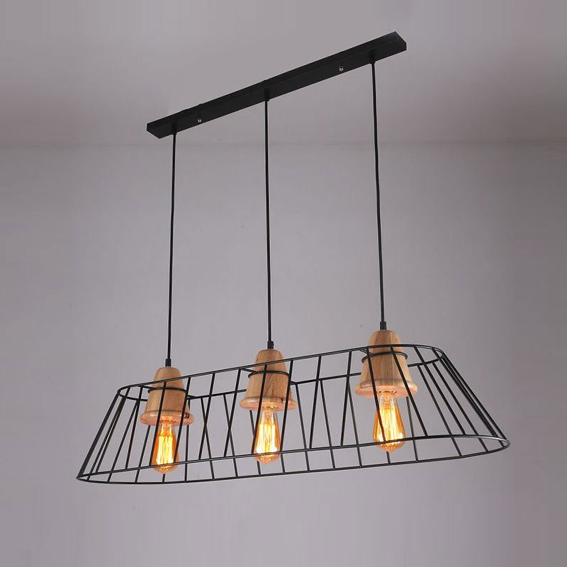 Black Linear Caged Island Lighting Industrial Metallic 3 Lights Dining Room Pendant Light with Wooden Cap Clearhalo 'Art Deco Pendants' 'Black' 'Cast Iron' 'Ceiling Lights' 'Ceramic' 'Crystal' 'Industrial Pendants' 'Industrial' 'Metal' 'Middle Century Pendants' 'Pendant Lights' 'Pendants' 'Rustic Pendants' 'Tiffany' Lighting' 679755