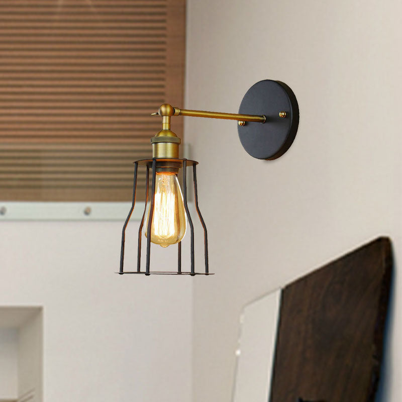 1 Head Cylinder/Teardrop Caged Wall Mount Lighting Industrial Black Metal Mini Wall Light Fixture for Bedroom Clearhalo 'Art deco wall lights' 'Cast Iron' 'Glass' 'Industrial wall lights' 'Industrial' 'Middle century wall lights' 'Modern' 'Rustic wall lights' 'Tiffany' 'Traditional wall lights' 'Wall Lamps & Sconces' 'Wall Lights' Lighting' 679787