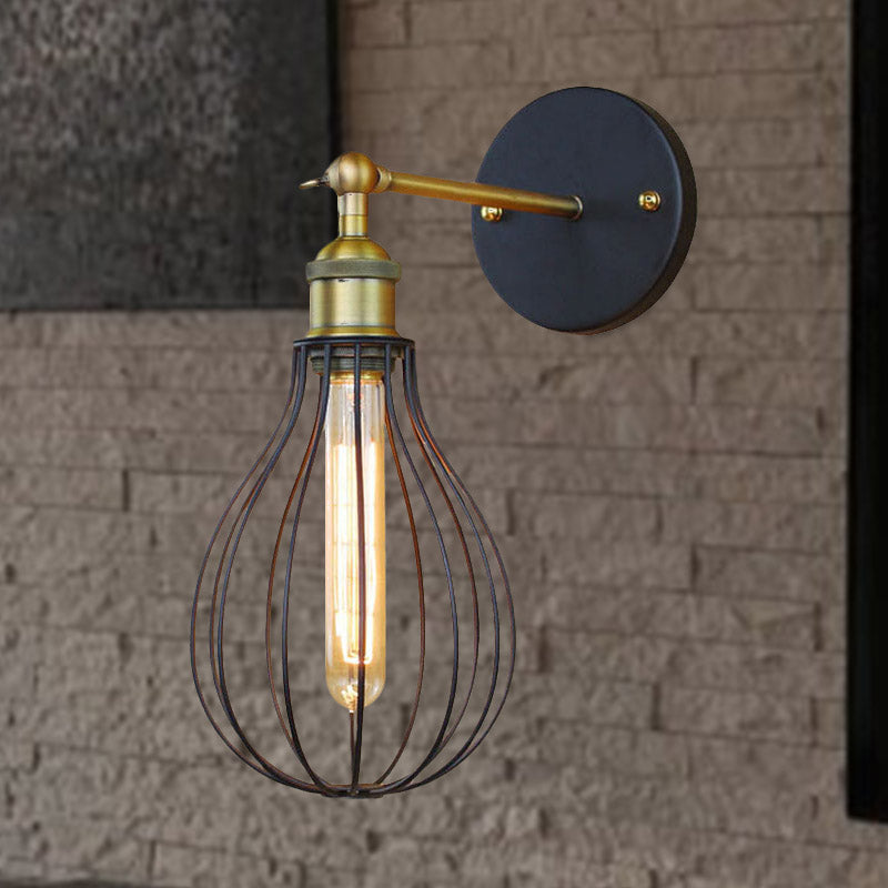 1 Head Cylinder/Teardrop Caged Wall Mount Lighting Industrial Black Metal Mini Wall Light Fixture for Bedroom Clearhalo 'Art deco wall lights' 'Cast Iron' 'Glass' 'Industrial wall lights' 'Industrial' 'Middle century wall lights' 'Modern' 'Rustic wall lights' 'Tiffany' 'Traditional wall lights' 'Wall Lamps & Sconces' 'Wall Lights' Lighting' 679791