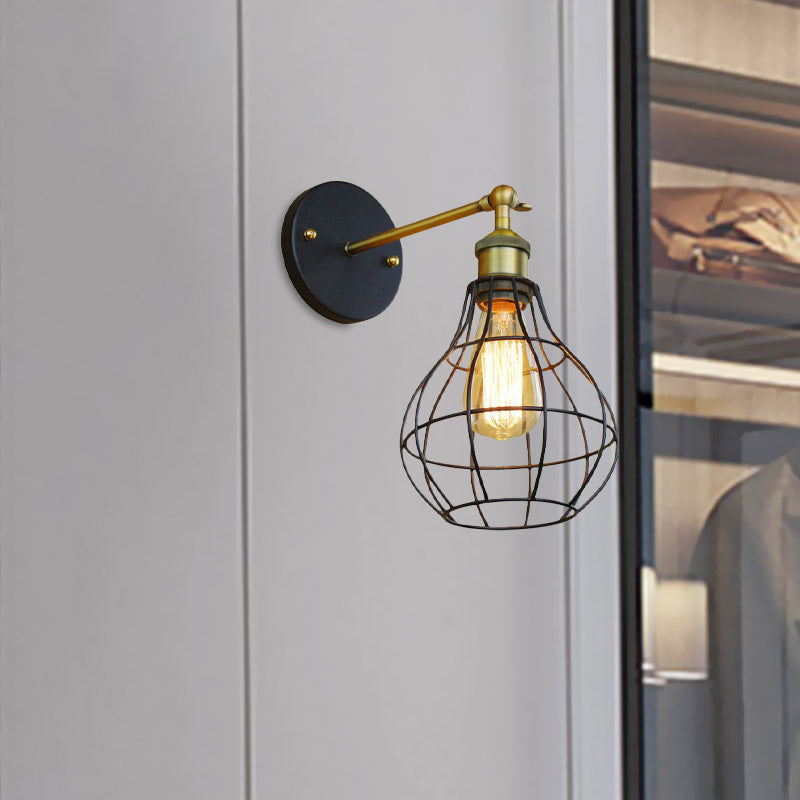 1 Head Cylinder/Teardrop Caged Wall Mount Lighting Industrial Black Metal Mini Wall Light Fixture for Bedroom Clearhalo 'Art deco wall lights' 'Cast Iron' 'Glass' 'Industrial wall lights' 'Industrial' 'Middle century wall lights' 'Modern' 'Rustic wall lights' 'Tiffany' 'Traditional wall lights' 'Wall Lamps & Sconces' 'Wall Lights' Lighting' 679792
