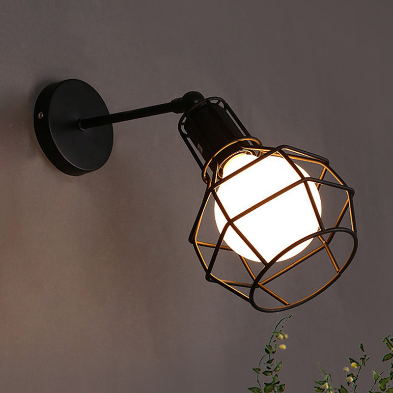Black Barrel/Flared Cage Wall Sconce Industrial Style Metal 1 Head Living Room Rotatable Wall Mount Light Clearhalo 'Art deco wall lights' 'Cast Iron' 'Glass' 'Industrial wall lights' 'Industrial' 'Middle century wall lights' 'Modern' 'Rustic wall lights' 'Tiffany' 'Traditional wall lights' 'Wall Lamps & Sconces' 'Wall Lights' Lighting' 679795
