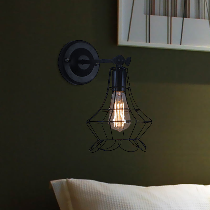 Black Barrel/Flared Cage Wall Sconce Industrial Style Metal 1 Head Living Room Rotatable Wall Mount Light Clearhalo 'Art deco wall lights' 'Cast Iron' 'Glass' 'Industrial wall lights' 'Industrial' 'Middle century wall lights' 'Modern' 'Rustic wall lights' 'Tiffany' 'Traditional wall lights' 'Wall Lamps & Sconces' 'Wall Lights' Lighting' 679796