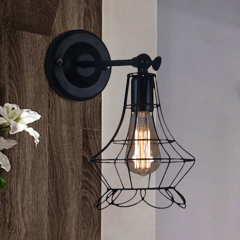 Black Barrel/Flared Cage Wall Sconce Industrial Style Metal 1 Head Living Room Rotatable Wall Mount Light Clearhalo 'Art deco wall lights' 'Cast Iron' 'Glass' 'Industrial wall lights' 'Industrial' 'Middle century wall lights' 'Modern' 'Rustic wall lights' 'Tiffany' 'Traditional wall lights' 'Wall Lamps & Sconces' 'Wall Lights' Lighting' 679797