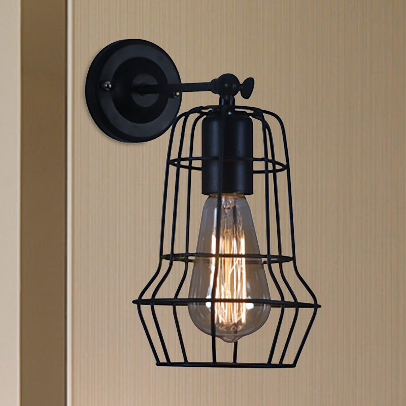 Black Barrel/Flared Cage Wall Sconce Industrial Style Metal 1 Head Living Room Rotatable Wall Mount Light Clearhalo 'Art deco wall lights' 'Cast Iron' 'Glass' 'Industrial wall lights' 'Industrial' 'Middle century wall lights' 'Modern' 'Rustic wall lights' 'Tiffany' 'Traditional wall lights' 'Wall Lamps & Sconces' 'Wall Lights' Lighting' 679799