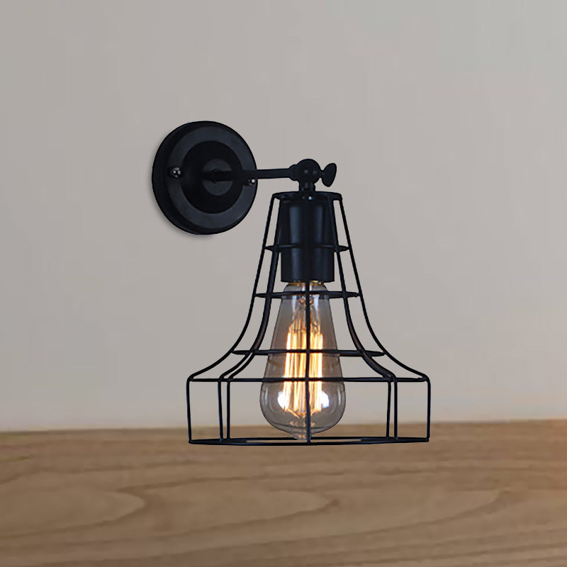 Black Barrel/Flared Cage Wall Sconce Industrial Style Metal 1 Head Living Room Rotatable Wall Mount Light Clearhalo 'Art deco wall lights' 'Cast Iron' 'Glass' 'Industrial wall lights' 'Industrial' 'Middle century wall lights' 'Modern' 'Rustic wall lights' 'Tiffany' 'Traditional wall lights' 'Wall Lamps & Sconces' 'Wall Lights' Lighting' 679801