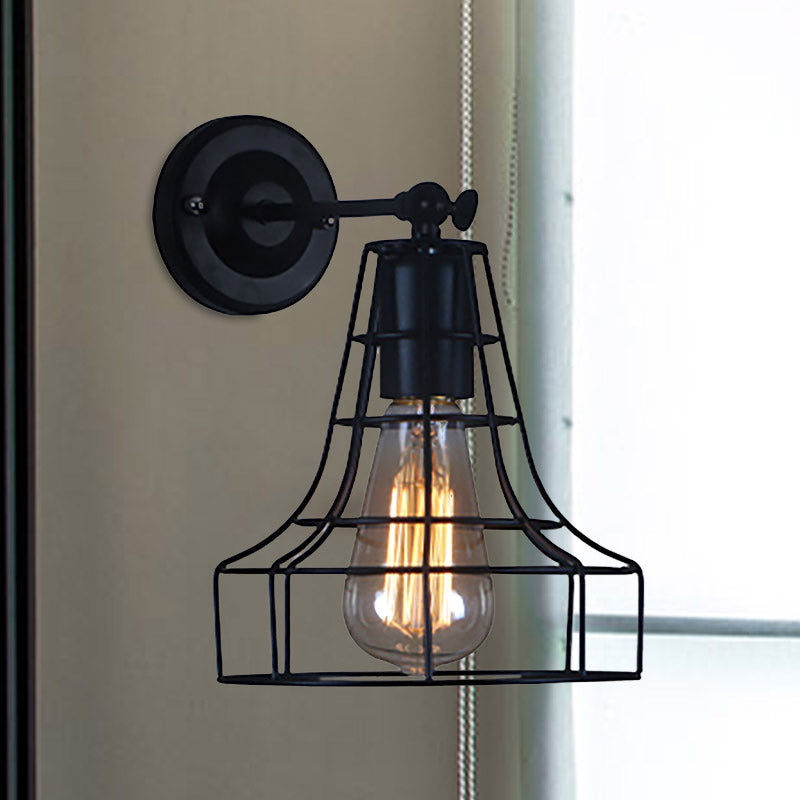 Black Barrel/Flared Cage Wall Sconce Industrial Style Metal 1 Head Living Room Rotatable Wall Mount Light Clearhalo 'Art deco wall lights' 'Cast Iron' 'Glass' 'Industrial wall lights' 'Industrial' 'Middle century wall lights' 'Modern' 'Rustic wall lights' 'Tiffany' 'Traditional wall lights' 'Wall Lamps & Sconces' 'Wall Lights' Lighting' 679802