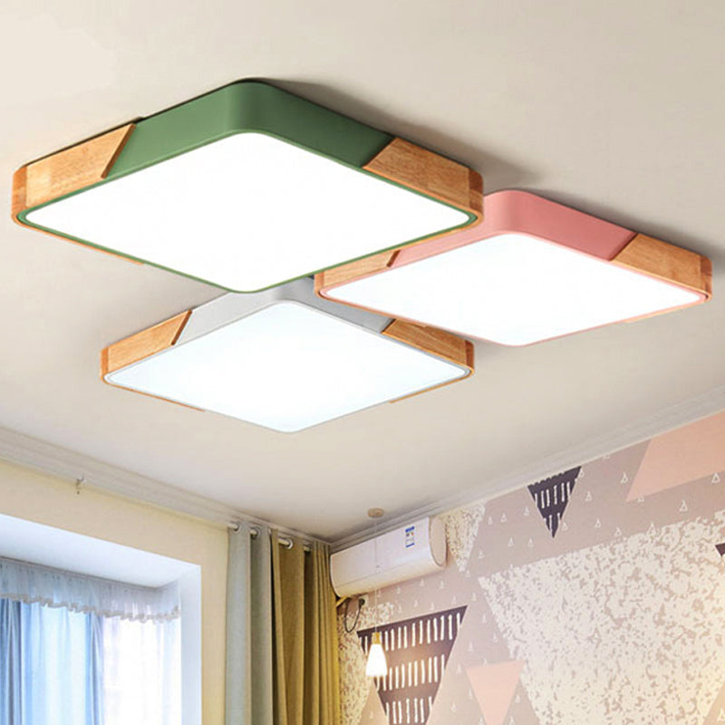 Bedroom Ceiling Light Square, Nordic Green Flush Mount Lighting with Wood and Acrylic Shade for Children Clearhalo 'Ceiling Lights' 'Close To Ceiling Lights' 'Close to ceiling' 'Flush mount' Lighting' 679816