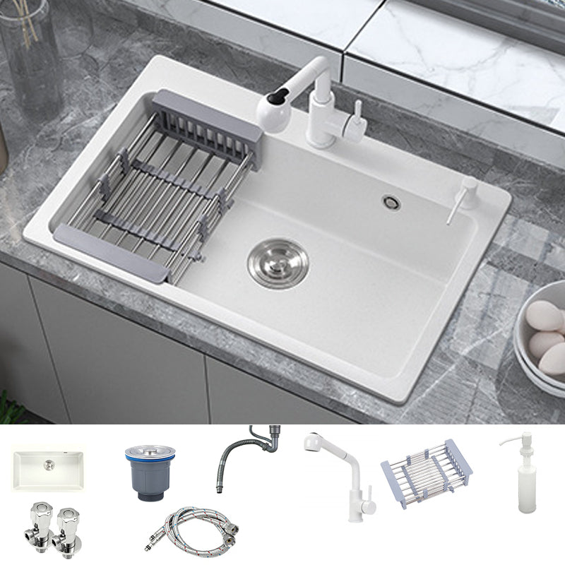 Quartz Single Bowl Kitchen Sink Rectangle Shape Kitchen Sink with Basket Strainer Sink with Faucet Straight Pull-Out Faucet Clearhalo 'Home Improvement' 'home_improvement' 'home_improvement_kitchen_sinks' 'Kitchen Remodel & Kitchen Fixtures' 'Kitchen Sinks & Faucet Components' 'Kitchen Sinks' 'kitchen_sinks' 6800311